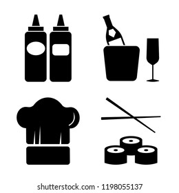 Set of 4 simple vector icons such as Sausages, Champagne, Chef hat, Sushi, editable pack for web and mobile