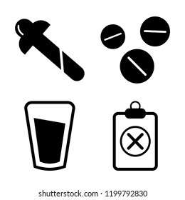 Set of 4 simple vector icons such as Dosage medical tool, Medicine capsules, Water glass, Negative, editable pack for web and mobile