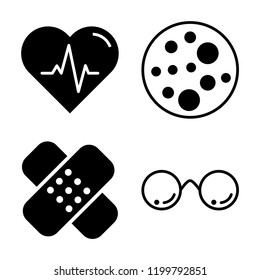 Set of 4 simple vector icons such as Heart beats life, Cells in a circle, Bandage cross, Medical circular glasses, editable pack for web and mobile