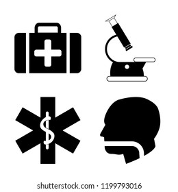 Set of 4 simple vector icons such as First aid kit, Microscope tool, Pharmacy, Mouth tube in bald male head, editable pack for web and mobile