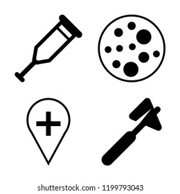 Set of 4 simple vector icons such as Crutch, Cells in a circle, Hospital placeholder, Medical hammer tool, editable pack for web and mobile