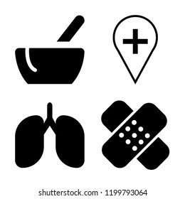 Set of 4 simple vector icons such as Medicines bowl, Hospital placeholder, Lungs, Bandage cross, editable pack for web and mobile