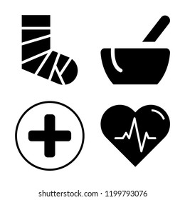 Set of 4 simple vector icons such as Broken feet with bandage, Medicines bowl, Medical, Heart beats life, editable pack for web and mobile