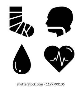 Set of 4 simple vector icons such as Broken feet with bandage, Mouth tube in bald male head, Blood drop, Heart beats life, editable pack for web and mobile