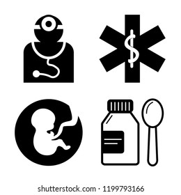Set of 4 simple vector icons such as Medical doctor specialist, Pharmacy, Pregnancy, Syrup medicine bottle, editable pack for web and mobile
