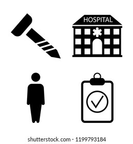 Set of 4 simple vector icons such as Screw, Hospital building front, Men, Positive verified, editable pack for web and mobile