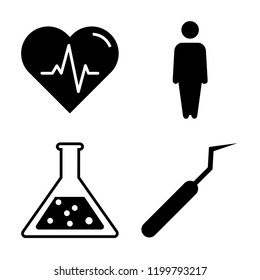Set of 4 simple vector icons such as Heart beats life, Men, Chemistry flask with liquid, Dentist tool, editable pack for web and mobile