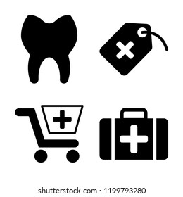 Set of 4 simple vector icons such as Teeth, Tag with a cross, Pharmacy shopping cart, First aid kit, editable pack for web and mobile