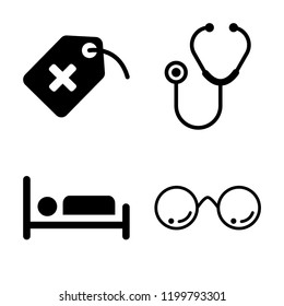 Set of 4 simple vector icons such as Tag with a cross, Stethoscope medical heart beats control tool, Illness on bed, Medical circular glasses, editable pack for web and mobile