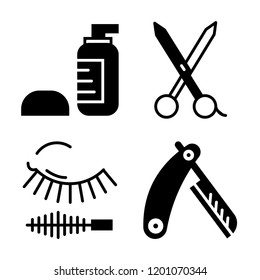 Set of 4 simple vector icons such as Lotion, Scissors, Mascara, Razor, editable pack for web and mobile