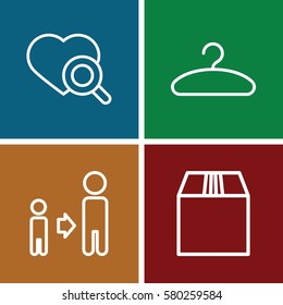 Set of 4 single outline icons such as son and father, heart search, cargo container