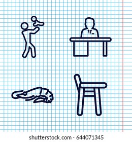 Set of 4 sitting outline icons such as alligator, man working at the table, father with baby