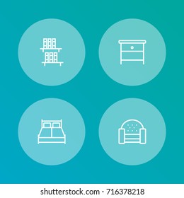 Set Of 4 Situation Outline Icons Set.Collection Of Sofa, Double Bed, Nightstand Elements.