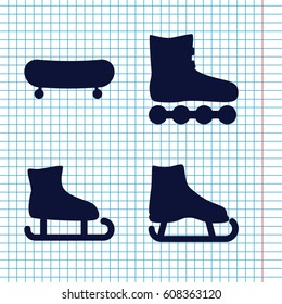 Set of 4 skating filled icons such as ice skate, skate, roller skate