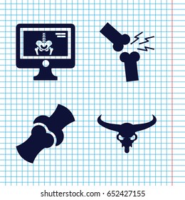 Set of 4 skeleton filled icons such as bull skull, bone, x-ray on display