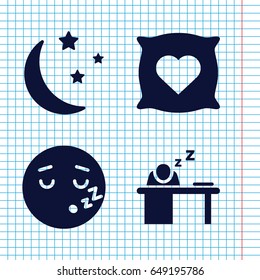 Set of 4 sleep filled icons such as pillow with heart on it, sleeping emot, moon and stars
