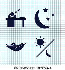Set of 4 sleep filled icons such as woman in hammock, moon and stars, man sleeping on table