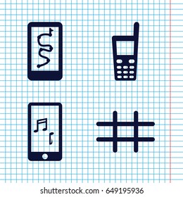 Set of 4 smart filled icons such as old phone, mobile phone music, grid