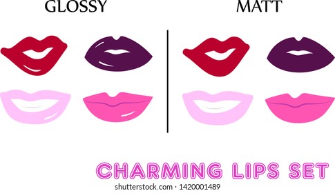 Set of 4 smiling girl lips shapes with various lipstick and white teeth vector illustration