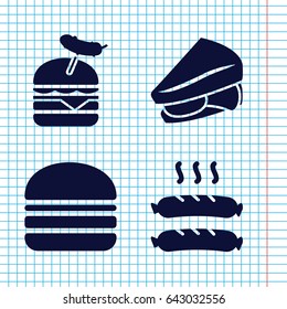 Set of 4 snack filled icons such as sandwich, burger with sausage, burger