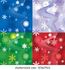 set of 4 snow backgrounds, vector illustration seamless pattern with different color snowflakes for winter and christmas theme