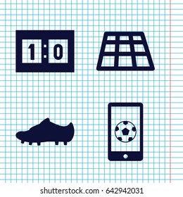 Set of 4 soccer filled icons such as football on phone, sport score, soccer trainers