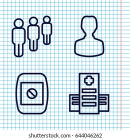 Set of 4 social outline icons such as hospital, camera display, user