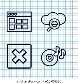 Set of 4 software outline icons such as disc on fire, browser window, cancel