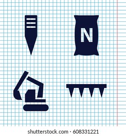 Set of 4 soil filled icons such as excavator, plowing tool, gardening tool