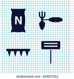 Set of 4 soil filled icons such as gardening tool, plowing tool