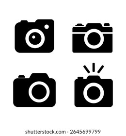 Set of 4 solid black camera icons in minimal flat design. Includes flash, retro, and modern camera styles. Perfect for UI, apps, photography tools, or graphic elements.