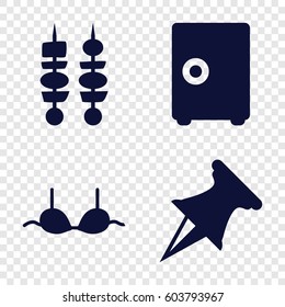 Set of 4 solid filled icons such as bra, kebab, pin