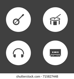 Set Of 4 Song Icons Set.Collection Of Tambourine, Banjo, Tape And Other Elements.