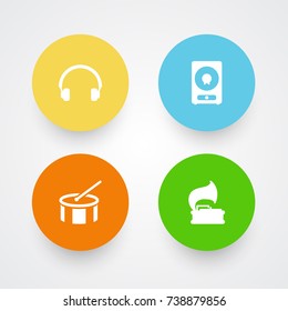 Set Of 4 Song Icons Set.Collection Of Tambourine, Amplifier, Turntable And Other Elements.