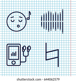 Set of 4 sound outline icons such as mp3 player, equalizer, pause