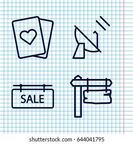 Set of 4 space outline icons such as direction board, sale tag, satellite