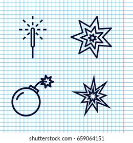 Set of 4 spark outline icons such as sparkler, bomb, explosion