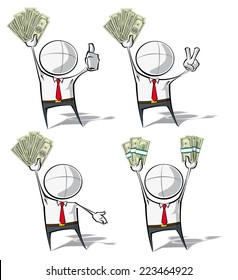 Set of 4 sparse vector illustrations of a generic Business cartoon character holding up stacks of money.