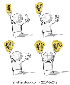 Set of 4 sparse vector illustrations of a of a generic cartoon character holding up stacks of tickets.