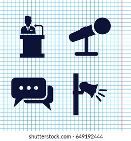 Set of 4 speak filled icons such as megaphone, speaker, microphone