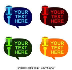 Set of 4 speech bubble info icon with retro microphone in blue, red, green and yellow color, flat design. Circle shape text cloud with mic. Vector art image illustration, isolated on white background