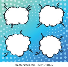 Set of 4 speech bubbles on a blue background. Dialog clouds