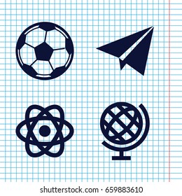 Set of 4 sphere filled icons such as fotball, globe, paper plane