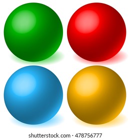 Set of 4 spheres with glowing shadow. Spatial, 3d balls, orbs.