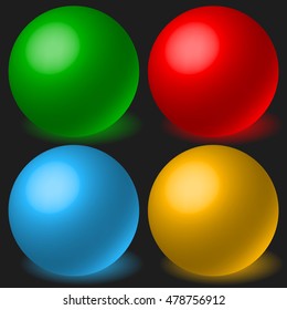 Set of 4 spheres with glowing shadow. Spatial, 3d balls, orbs.