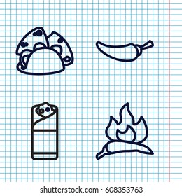 Set of 4 spicy outline icons such as chili, taco, pepper