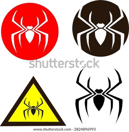 Set of 4 spider icon designs including warning sign, logo badge, and silhouette. Vector illustration for halloween, danger, safety, pest control, superhero, and hazard concept. EPS10 vector isolated on white background.