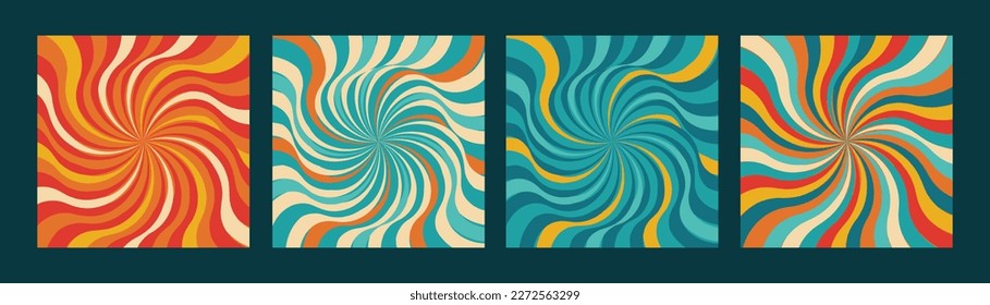 Set of 4 Spiral Psychedelic Illustrations in Orange, Red, Blue and White Color Palette. Trendy Groovy Psychedelic Designs 