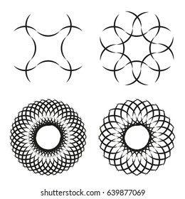 Set of 4 spirograph flower ornaments, black line elements, isolated on white