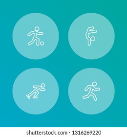 Set of 4 sport icons line style set. Collection of football, artistic, ski running and other elements.